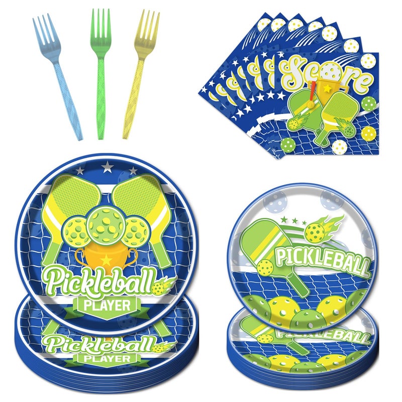 Rakuto Pickleball Party Plates Supplies - 96PCS Pickleball Player Themed Disposable Paper Plates Forks Napkins Tableware Set Pickleball Sports Baby Shower Birthday Party Decorations(24 Guests) - Image 1